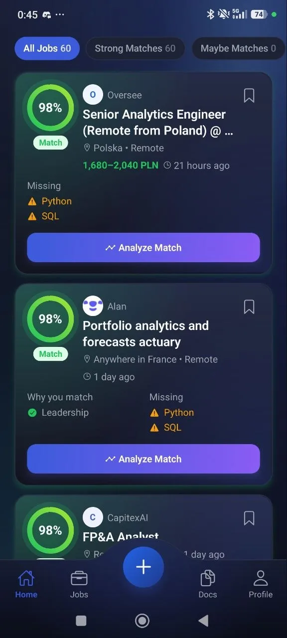 JobScalr app: job list with match score and missing skills